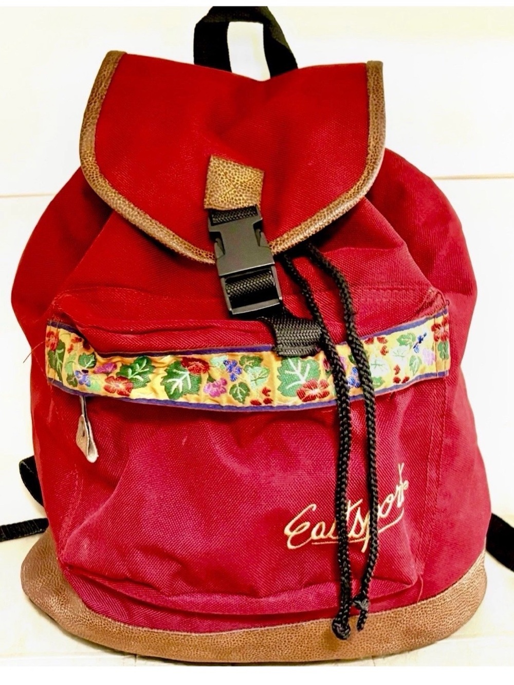 VTG BurgundyEastport Backpack 90s Embroidered Floral Print Leather Trim & Canvas